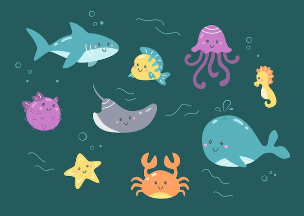 Cute vector set of underwater ocean fishes and sea life for children