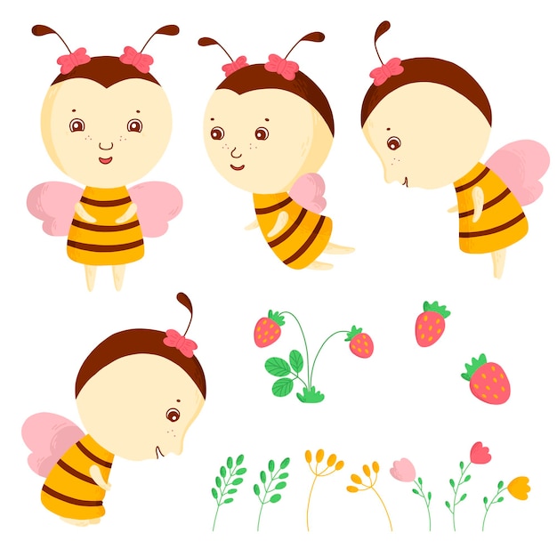 Cute vector set with bee in 4 different poses strawberry and wildflowers Cute insect character