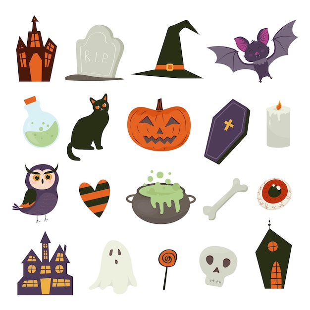 Simpatico set vettoriale con illustrazioni di halloween zucca fantasma gatto pipistrello lecca-lecca pozione osso