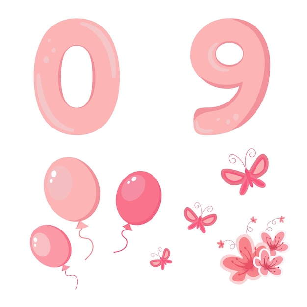 파스텔 핑크 색상 낙서와 만화 스타일의 숫자 손으로 그린 그림으로 설정된 귀여운 벡터