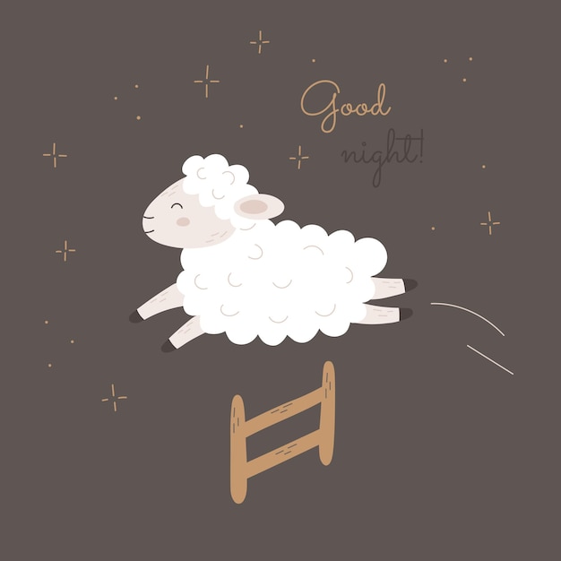 Vector cute vector sheep jumping over a fence against insomnia, counting lamb to fall asleep for children