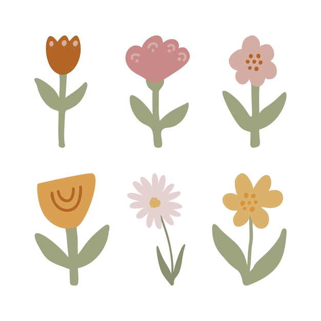 Cute vector simple flowers on boho nursery clipart Hand drawn doodle illustrations