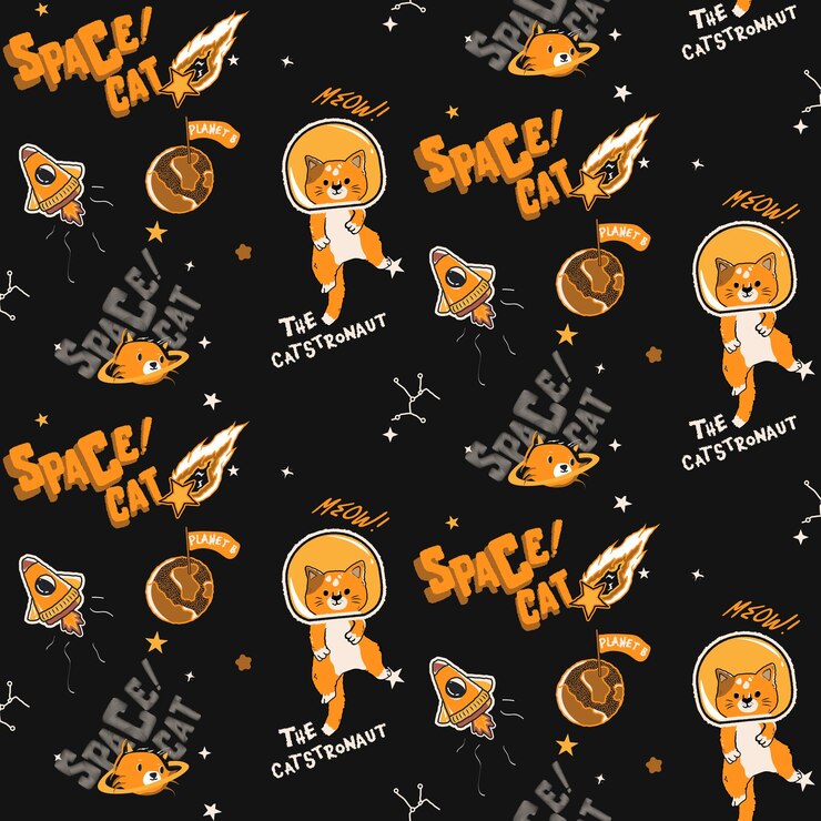 A cute vector space pattern illustration with a cat in space
