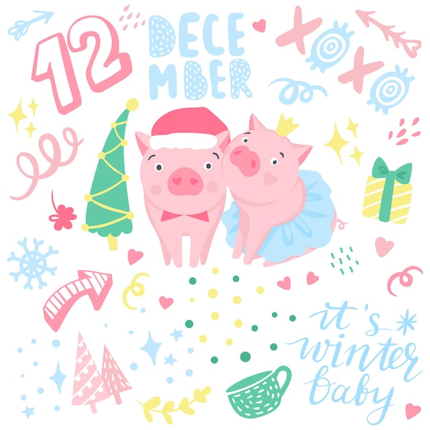 벡터 재미있는 분홍색 돼지가 있는 귀여운 벡터 스티커입니다. 새해 디자인을 위한 요소입니다. 중국 달력에 2019의 상징입니다. 돼지 그림 흰색 절연입니다. 만화 동물 배지입니다.