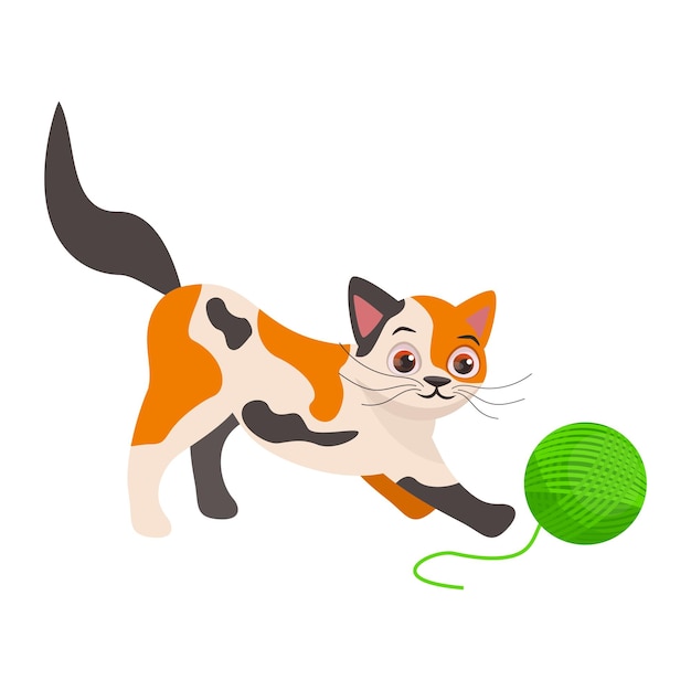 Cute vector threehaired cat plays with a green ball of thread