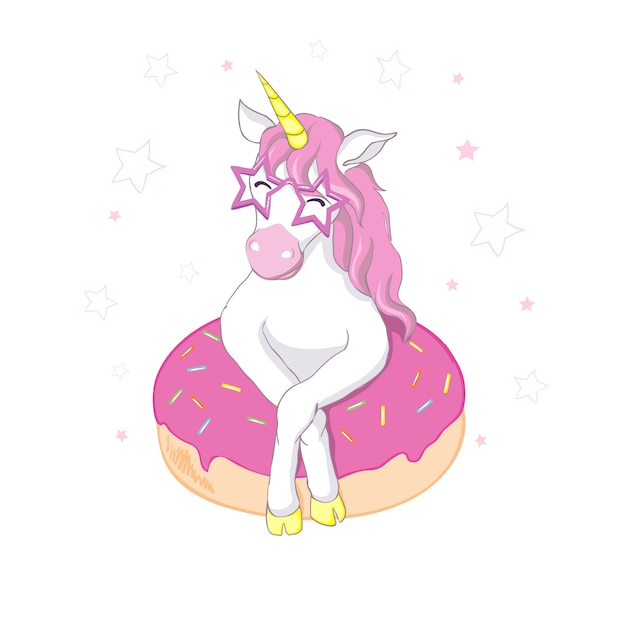 Cute vector unicorn. Magic character with pink doughnut