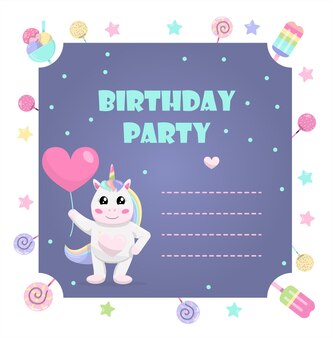 Simpatico unicorno vettoriale con un invito a palloncino per bambini festa una serie di regali ghirlande e dolci per ...