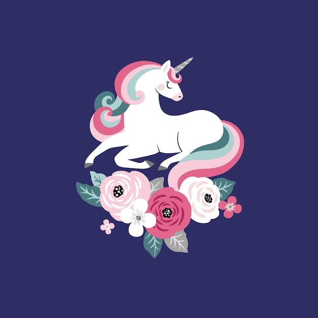 Cute vector unicorn with vintage flowers on dark blue background.