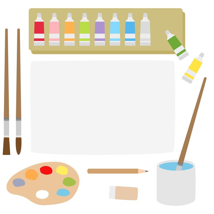 Vector cute vector of watercolor tools paper brushes palette eraser pencil paint jar great for kids