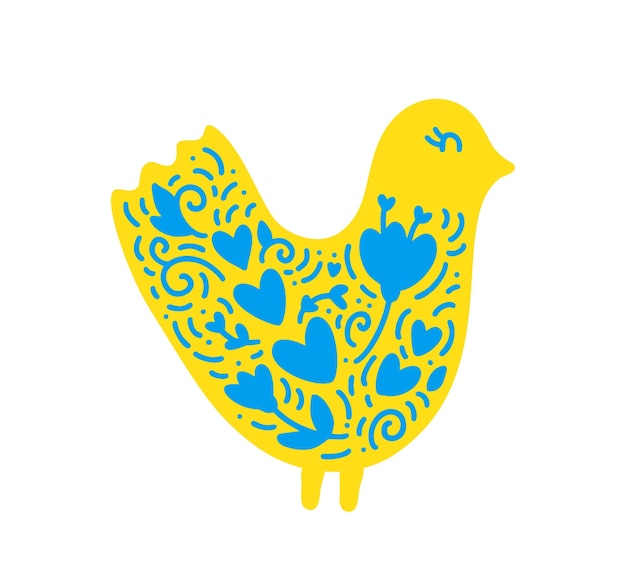푸른 꽃과 심장 민속 손으로 그린 평화 민속 민속 우크라이나의 비둘기 또는 닭을 가진 귀여운 벡터 노란색 새