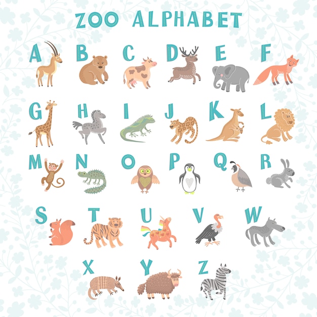 귀여운 벡터 동물원 알파벳입니다. 재미있는 만화 동물. 편지