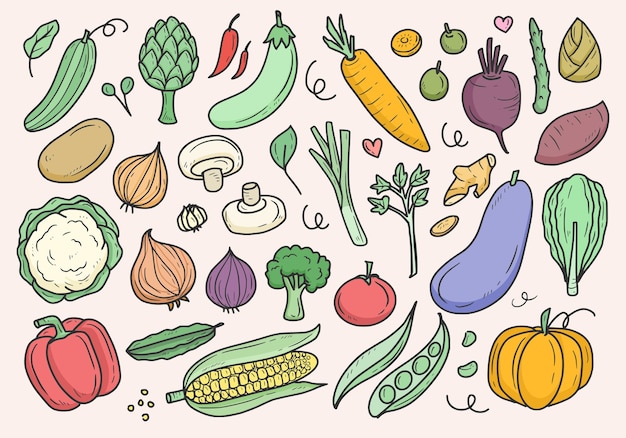 Cute vegetables  doodle drawing set