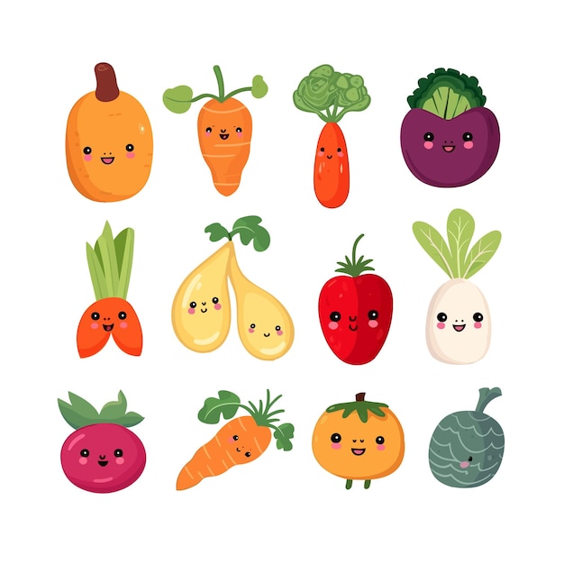 Vector cute vegetables falt vector icons set