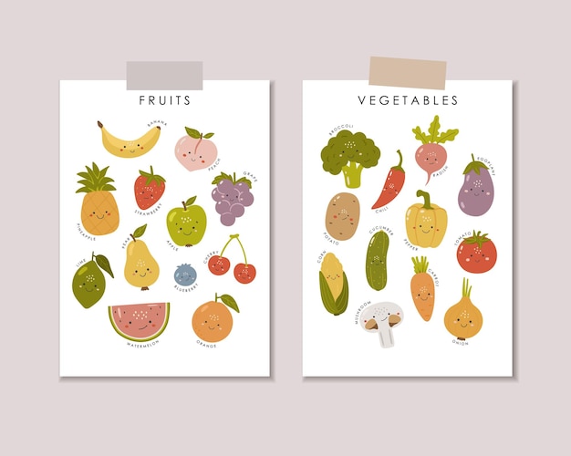 Cute vegetables and fruits Educational fruits illustration educational material kids vector