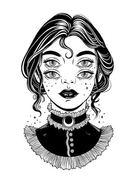 Милая викторианская ведьма с четырьмя глазами. Графическая иллюстрация. Темное искусство