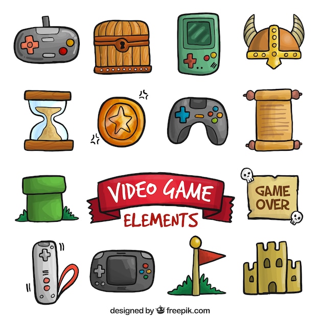 Vector cute video game hand drawn objects