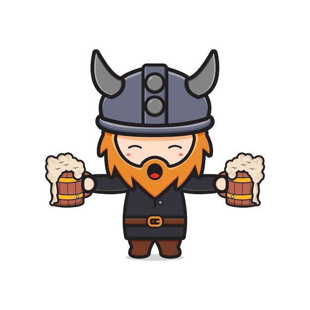 Cute viking holding beer celebrate oktoberfest cartoon icon illustration. design isolated flat cartoon style