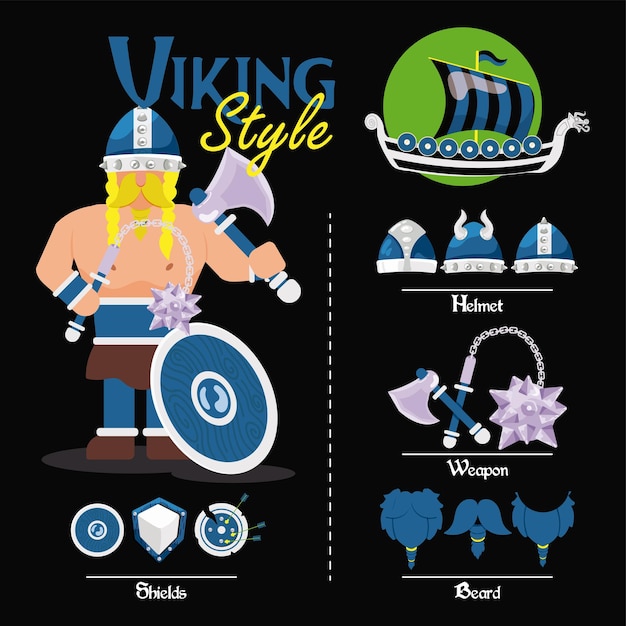 Cute viking male character asset with weapons and helmets vector illustration