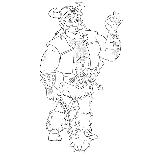 Cute viking man with mace weapon. Cartoon coloring book page for kids.