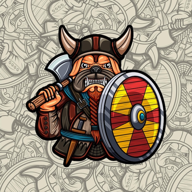 Vector cute viking pug dog with shield and ax illustration
