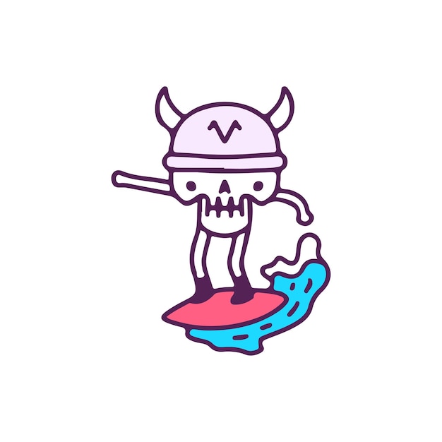 Cute Viking skull surfing, illustration for t-shirt, sticker, or apparel merchandise.