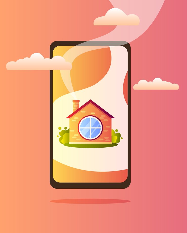 Vector a cute village house with a round window on the phone screen, with clouds and smoke from the chimney.
