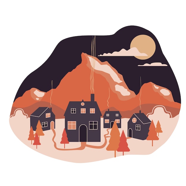 Милая деревня в снежных горах альпийская деревня ночная зимняя векторная иллюстрация