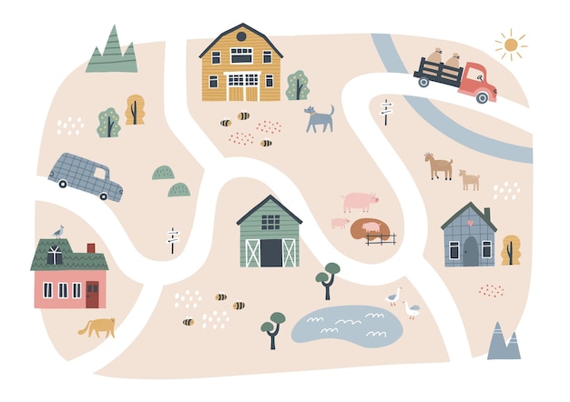 Vector cute village map with houses and animals. hand drawn vector illustration of a farm. town map creator.