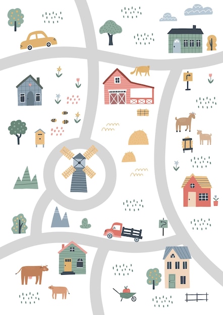 Vector cute village map with houses and animals. hand drawn vector illustration of a farm. town map creator.