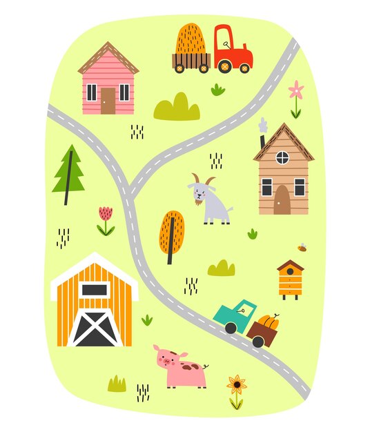 Vettore graziosa mappa del villaggio con case e animali illustrazione vettoriale disegnata a mano di una fattoria creatore di mappe della città