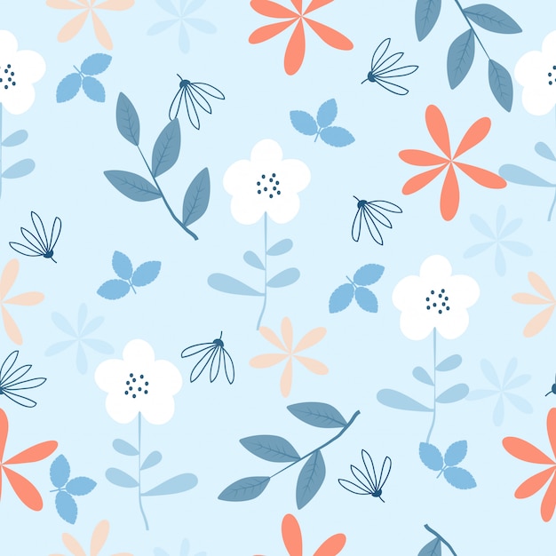 Cute vintage hand drawn flowers seamless pattern background