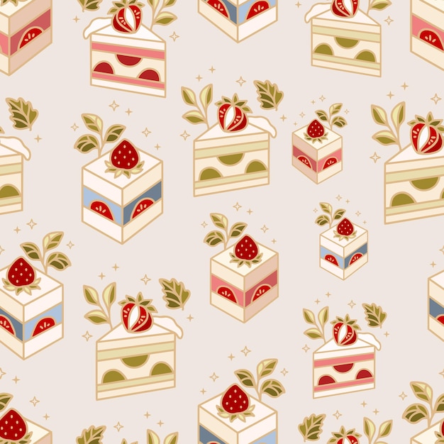 Vector cute vintage hand drawn strawberry cake vector seamless pattern illustration with floral elements