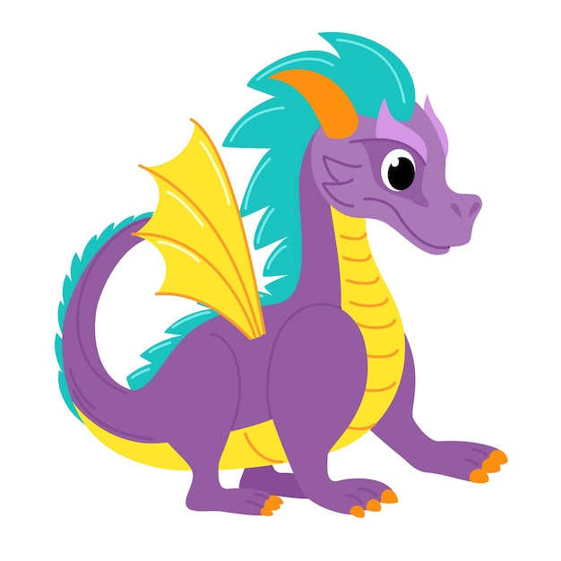 Dragone viola carino personaggio di drago bambino illustrazione vettoriale in stile cartone animato moderno