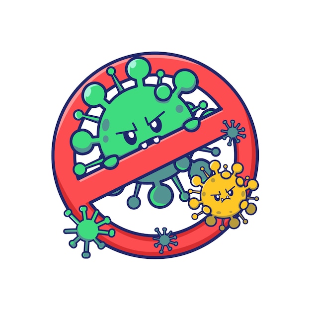 Vector cute virus cartoon with stop sign