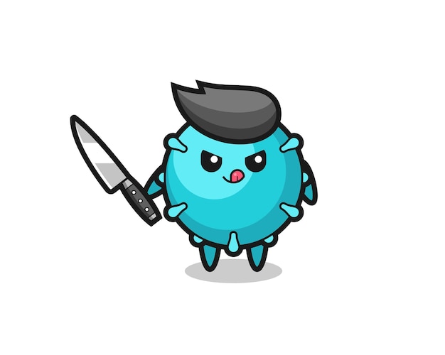 Simpatica mascotte del virus come psicopatico che tiene in mano un coltello, design in stile carino per maglietta, adesivo, elemento logo