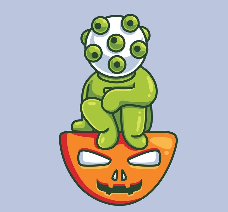 Vector cute virus sitting on pumpkin isolated cartoon halloween illustration flat style