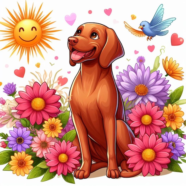 Vector cute vizsla dog and flowers vector cartoon illustration