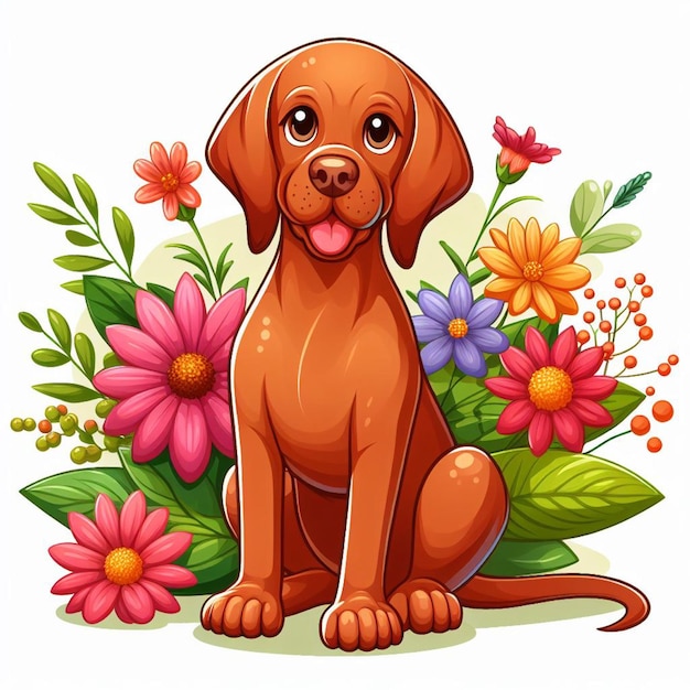 Vector cute vizsla dog and flowers vector cartoon illustration