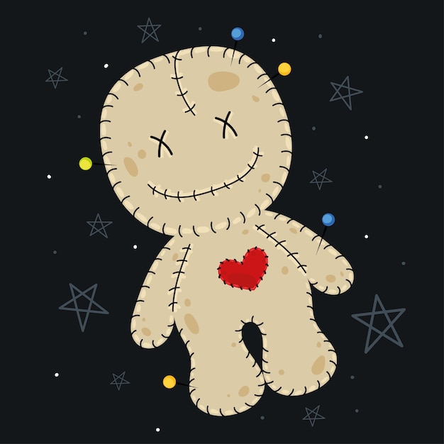 Cute voodoo doll with heart and stitches on dark background Vector