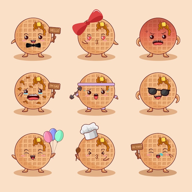 Cute waffle character collection vector