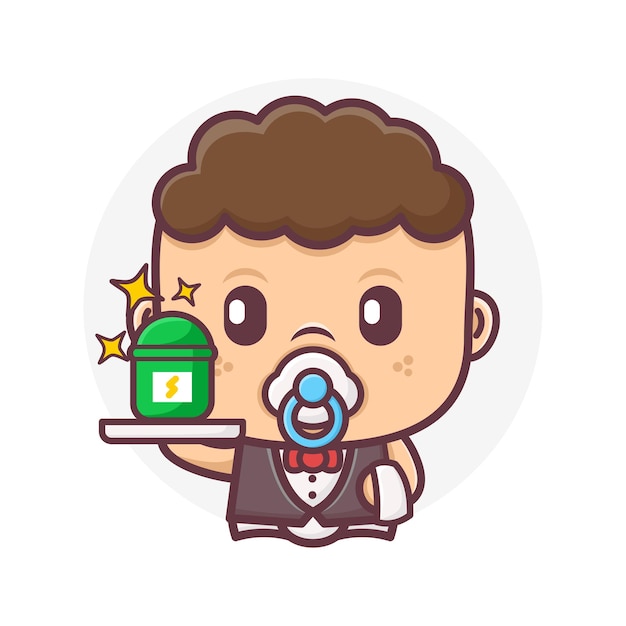 Cute waiter baby cartoon with energy drink