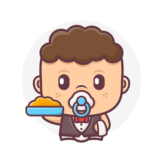 Vector cute waiter baby cartoon with food