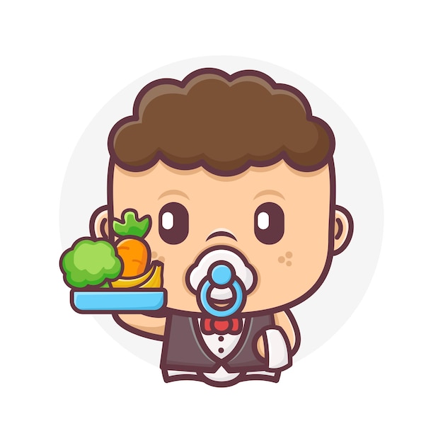 Cute waiter baby cartoon with healthy food