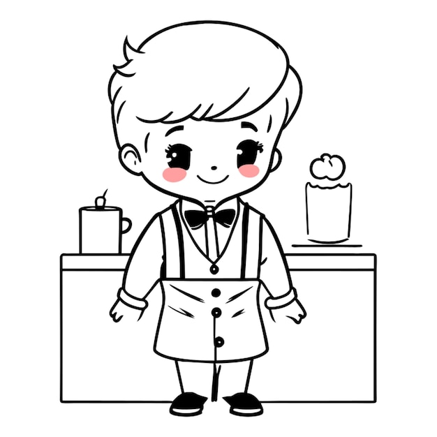 cute waiter vector illustration line art