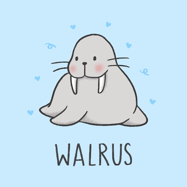 Cute walrus cartoon hand drawn style