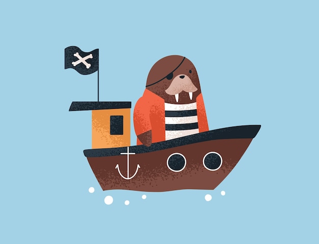 Симпатичный пират-морж на корабле, путешествующий по морю. моряк-капитан, детёныш в океане. забавный детский персонаж в приключениях. сказочный моряк в плавании. детская цветная плоская векторная иллюстрация
