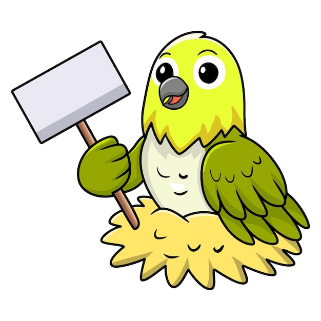 Cute warbling white eye bird cartoon holding blank sign