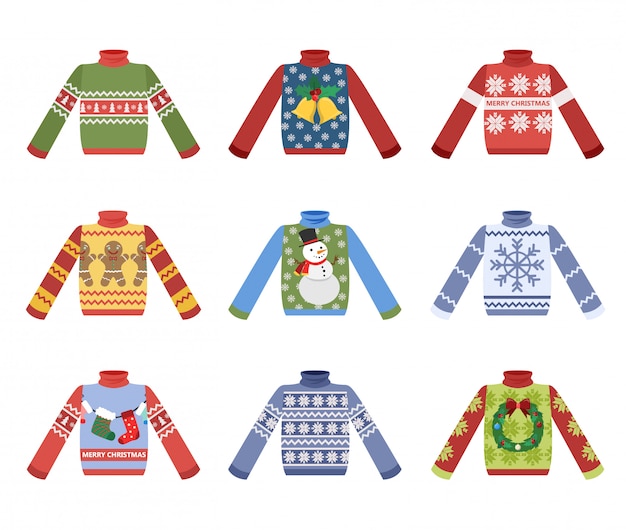 겨울 날씨 세트 귀여운 따뜻한 크리스마스 스웨터. 크리스마스 풀오버 또는 점퍼 컬렉션. 휴일 아늑한 복장. 만화 스타일의 그림입니다.