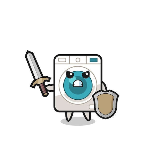 Cute washing machine soldier fighting with sword and shield