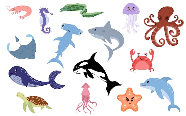 子供向けの可愛い水生動物セット 背景 海のキャラクターの下 サメ クジラ イルカ